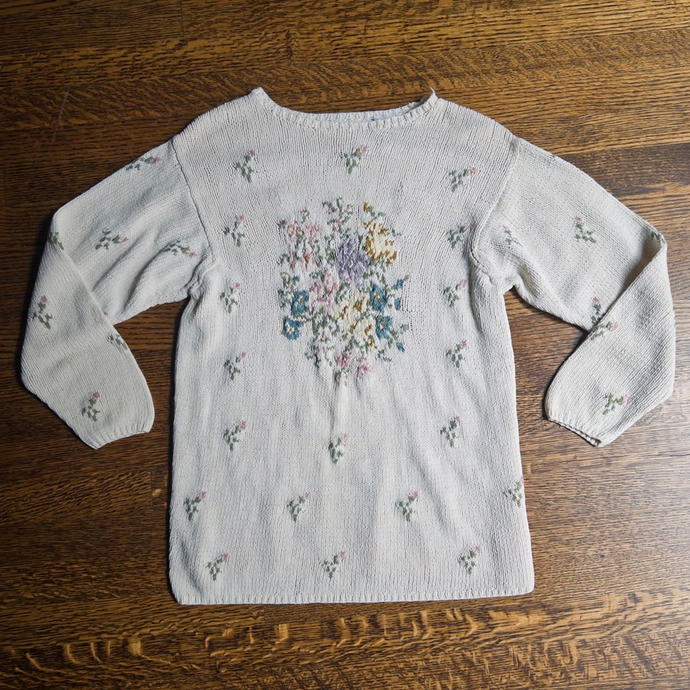 Vintage Cottagecore Sweater, Knit Pullover with Embroidered Floral Details